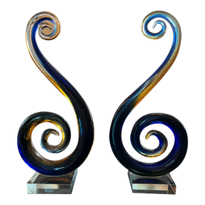 Set of 2 Contemporary Colored Blue Clear Gold Glass Sculptures