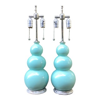 Hand Signed Pair of Christopher Spitzmiller Triple Gourd Lamps in Robin's Egg Blue and Nickel For Sale