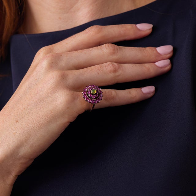 Late 19th Century Late 19th Century Victorian Cats Eye Chrysoberyl Ruby Low Karat Gold and Silver Halo Ring, Size 6.5 For Sale - Image 5 of 6