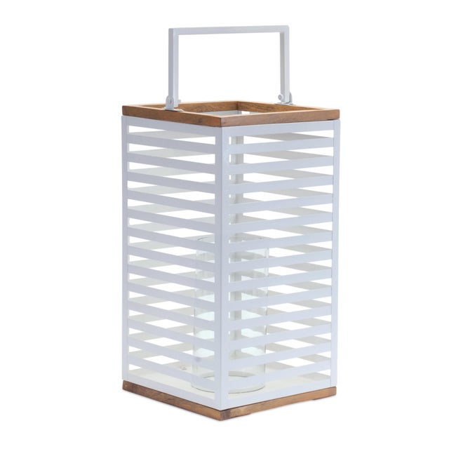 Illuminate your space with the elegant Metal Box Lantern with Natural Wood Accents. Crafted in cool white metal with...