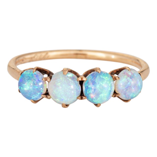 C1900 Antique Victorian 4 Opal Ring Sz 4.75 14k Yellow Gold Fine Vintage Jewelry For Sale
