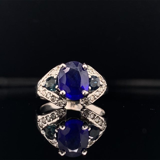Metal Diamond Sapphire Ring 14k White Gold 3.31 TCW Women Certified For Sale - Image 7 of 9