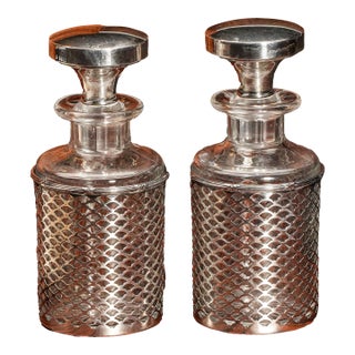 Sophisticated Pair Antique Crystal Perfume Scent Cologne Bottles Sterling Silver Grillwork Sleeves Home Decor For Sale