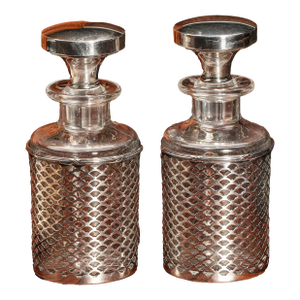 Sophisticated Pair Antique Crystal Perfume Scent Cologne Bottles Sterling Silver Grillwork Sleeves Home Decor