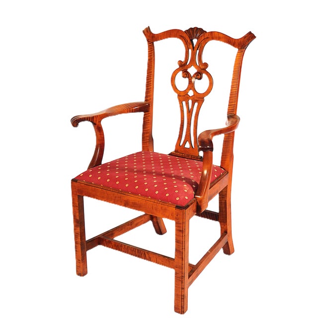 Eight D. R. Dimes Chippendale Style Tiger Maple Dining Chairs. All hand made by the well known reproduction firm D. R....