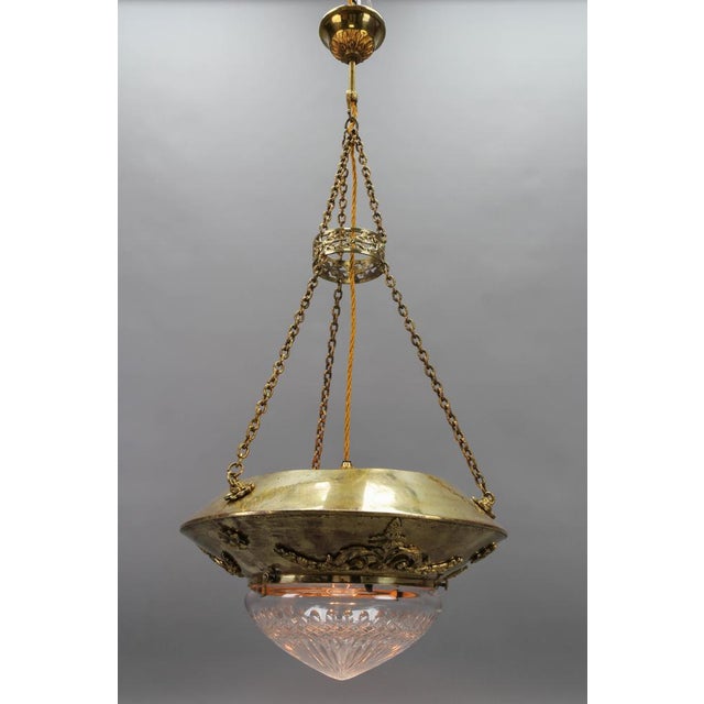 French Brass and Bronze Pendant Light with Cut Glass Lampshade, 1900s For Sale - Image 4 of 18