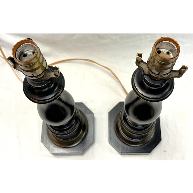 Vintage Wood Table Lamps With Gold Painted Chinoiserie Designs- A Pair For Sale - Image 14 of 15