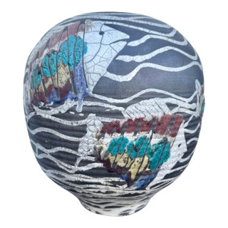 Mid 20th Century Large Cipher Signed Vintage Modern Studio Art Pottery Raku Glaze and Heavy Glaze Fish Vase For Sale