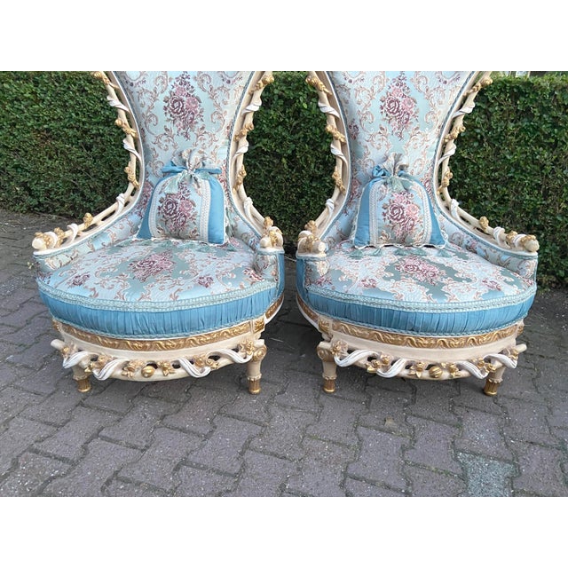 1970 Louis XVI White Beech Turquoise Lounge Chairs-Pair For Sale - Image 9 of 12