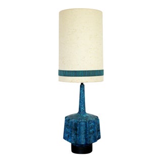 Mid Century Modern Blue Fat Lava Drip Glazed Ceramic Table Lamp Brass Finial 60s For Sale