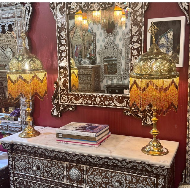 Add warmth and elegance to your space with this stunning pair of handcrafted brass bedside table lamps. Each lamp features...