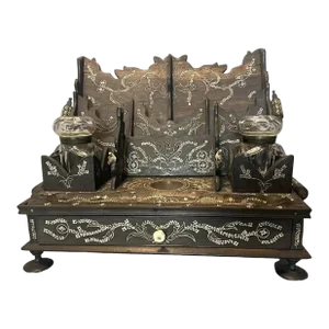 Antique Victorian Inlaid & Figural Carved Hardwood Double Inkwell 19th Century