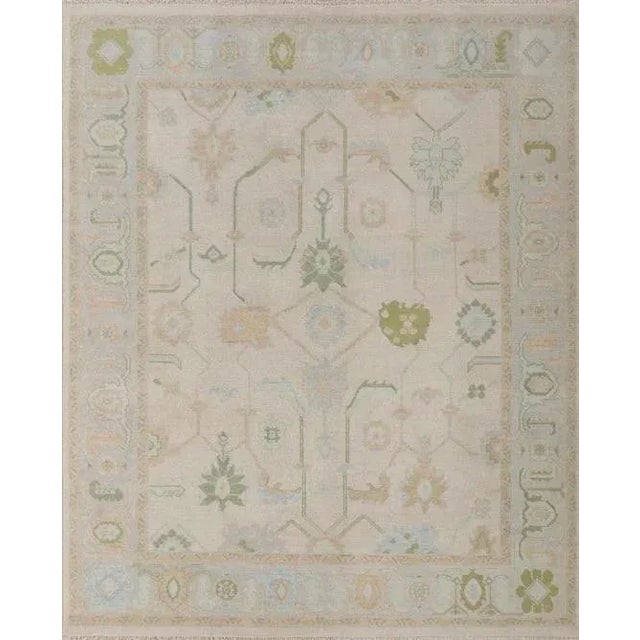 Modern Handknotted Oushak Rug in Muted Sage & Sky Blue, 4' x 6' For Sale