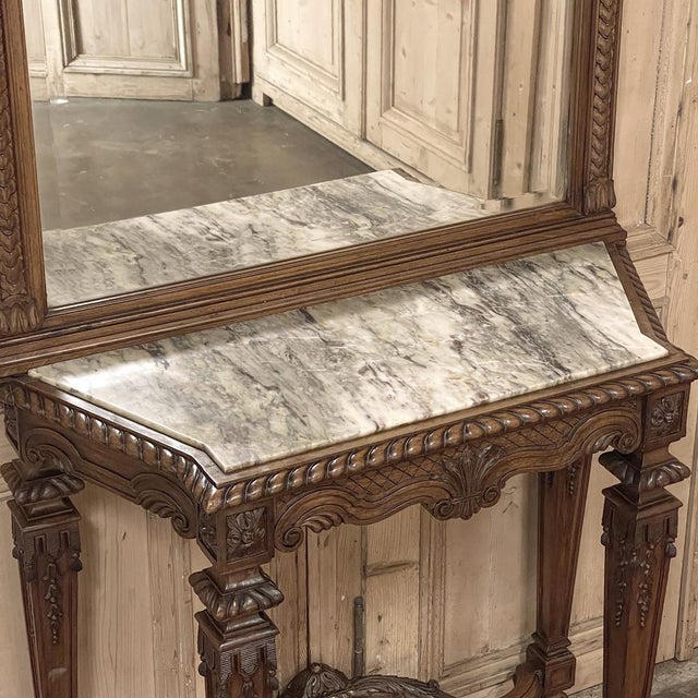 Burnt Umber 19th Century French Walnut Louis XIV Style Marble-Top Console & Beveled Mirror For Sale - Image 8 of 12
