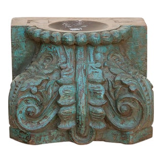 Finely Carved Turquoise Blue Teak Capital For Sale