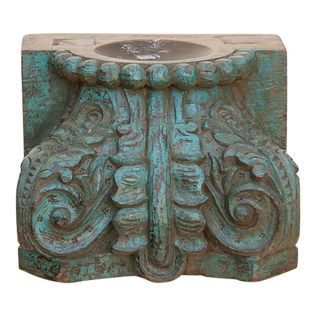 Finely Carved Turquoise Blue Teak Capital For Sale