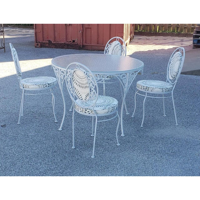 Ornate Wrought Iron Patio Table With Frosted Glass Top & 4 Chairs For Sale - Image 9 of 13
