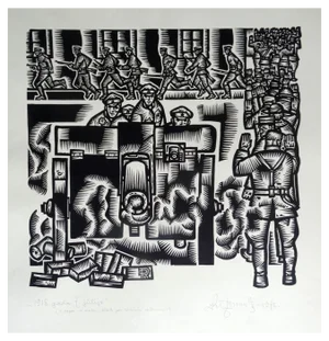 Dainis Rozkalns, July 7, 1918, Riflemen, 1972, Linocut