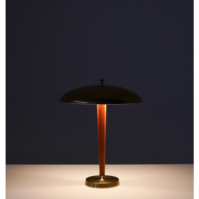 Gold Modern Swedish Brass and Oak Table Lamp attributed to Nordiska Kompaniet Nk, 1930s For Sale - Image 8 of 10
