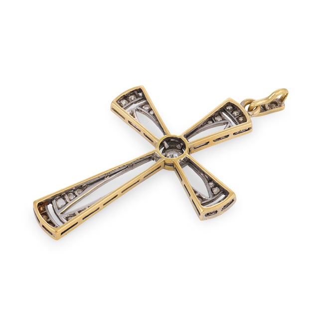 1920s Art Deco Diamond 14k Yellow Gold and Platinum Cross Pendant Necklace For Sale In Los Angeles - Image 6 of 6