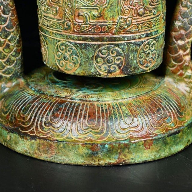 Metal Chinese Archaistic Bronze Bell With Dragon Frame & Patina For Sale - Image 7 of 9