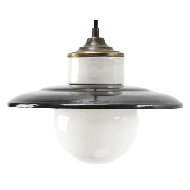 Metal Vintage Black Enamel, Opaline Glass, Porcelain & Brass Pendant Lamp For Sale - Image 7 of 7