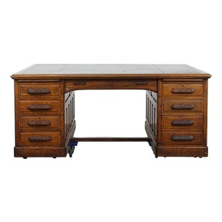 Large Antique Desk with Black Leather Top For Sale