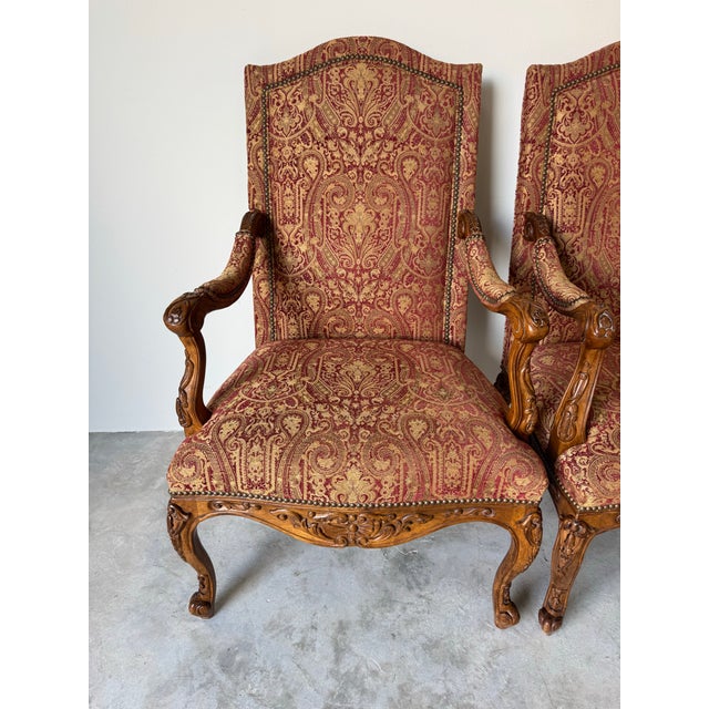 Brown Pair of Vintage French Provincial Louis XV–Style Armchairs by Hickory, Nc/ Sold For Sale - Image 8 of 12