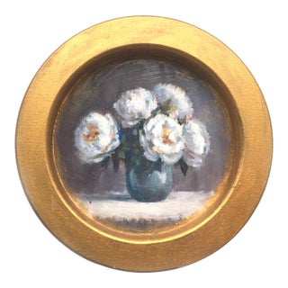 Framed Original Floral White Peonies Painting Round Wall Decor by Valeriya Serova For Sale