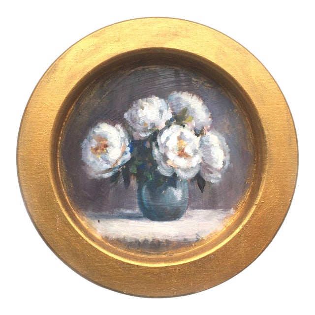 Framed Original Floral White Peonies Painting Round Wall Decor by Valeriya Serova For Sale
