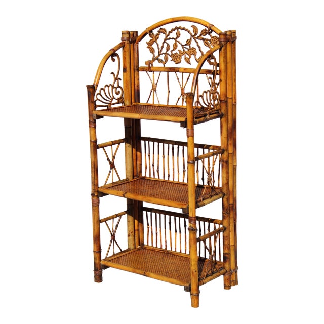 1980s Vintage French Bamboo & Rattan Folding Étagère - Mid-Century Modern Style With Elegant Metal Accents For Sale