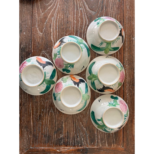 Vintage Chinese Hand-Painted Rooster Bowls - Set of 6 For Sale - Image 11 of 12