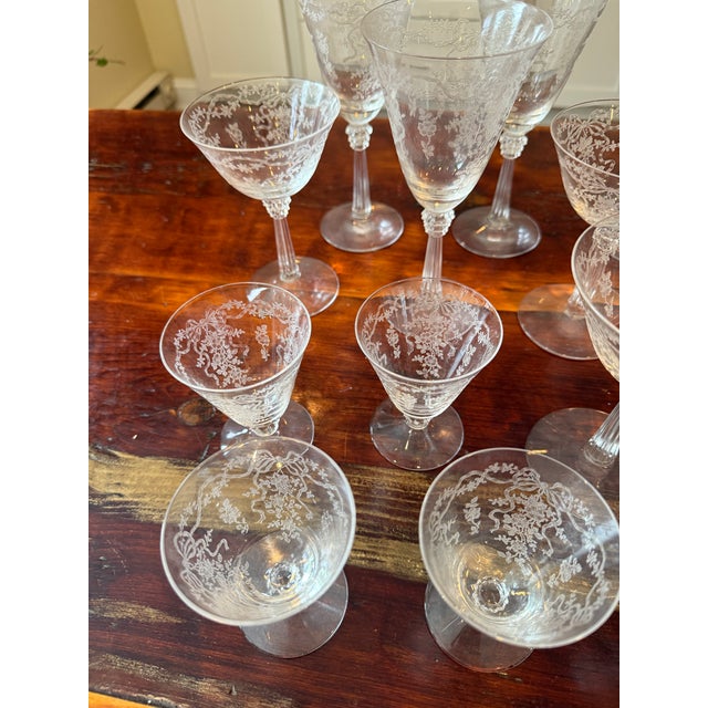 Transparent 18-Piece Set of Vintage Fostoria Romance Pattern Etched Crystal Glassware With Flowers and Ribbon Designs For Sale - Image 8 of 14