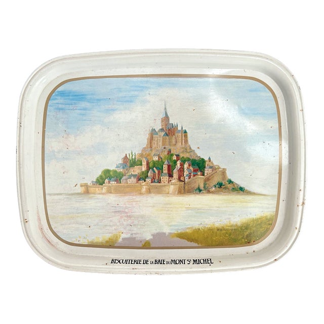 1980s Collectible Metal Serving Tray / French Advertising Tin La Biscuiterie De La Baie Du Mont Saint Michel For Sale