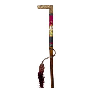 Antique 1800's Victorian Yellow Gold Filled Wood Porcelain Walking Stick Cane For Sale