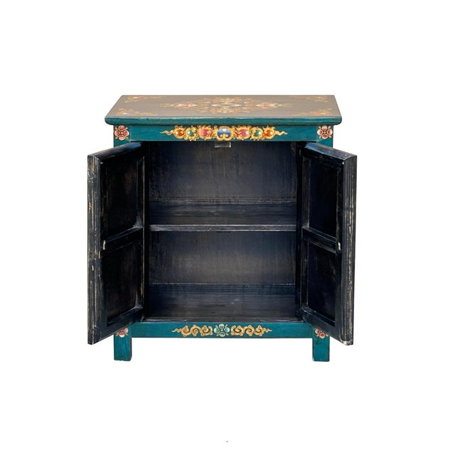 2000 - 2009 Tibetan Oriental Teal Blue Aqua Dragon Head Graphic End Table Nightstand For Sale - Image 5 of 12