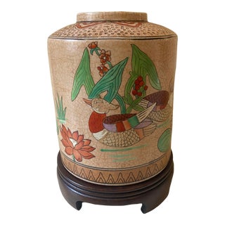 Vintage Chinese Vase on Stand With Bird and Lily Pad Motif For Sale