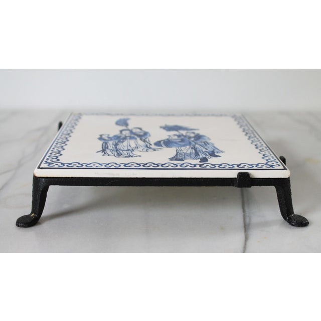 Chinese Vintage Chinese Porcelain Tile on Footed Metal Base For Sale - Image 3 of 10