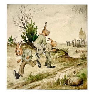 Heinz Geilfuß, The Hares Observe the Hunting Elite, Watercolor on Paper For Sale