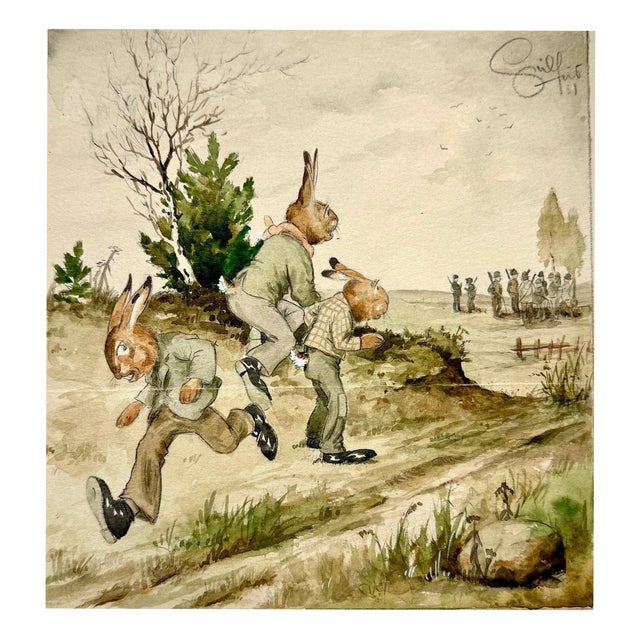 Heinz Geilfuß, The Hares Observe the Hunting Elite, Watercolor on Paper For Sale