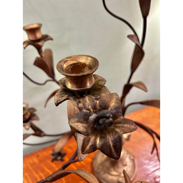 Vintage Italian or French Style Solid Brass Five-Light Floral Tole Candelabra With Original Gilt Finish For Sale - Image 12 of 14