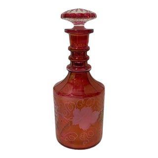 1950s French Cranberry Red Cut to Clear Glass Decanter Bottle With Stopper With Grape Detailing For Sale