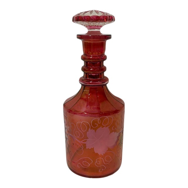 1950s French Cranberry Red Cut to Clear Glass Decanter Bottle With Stopper With Grape Detailing For Sale
