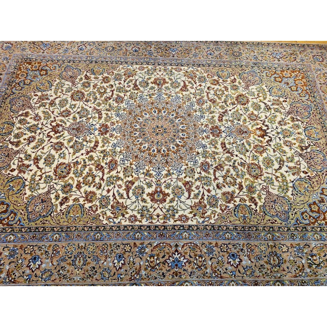 Vintage Persian Isfahan Rug, Hand-Knotted Wool & Silk, Floral Pattern, Ivory & Caramel,7x10 For Sale - Image 15 of 15