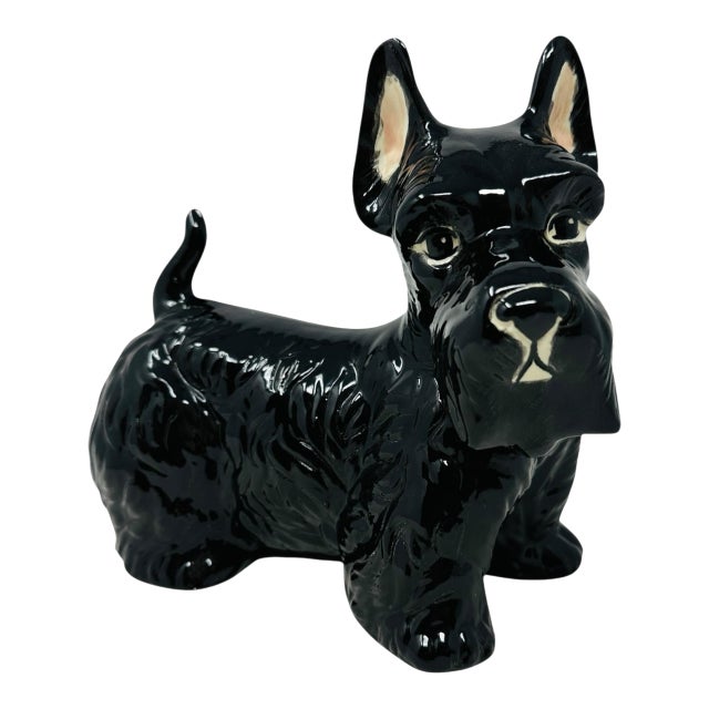 Rare VTG Black Ceramic Scottie Dog Figurine With White Highlights | Mid-Century Japanese Scottish Terrier Decor | Unique "Dc" Mark For Sale