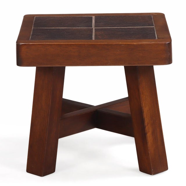 Brutalist French Mahogany Tile-Top End Table in Brutalist Style, C. 1960 For Sale - Image 3 of 6