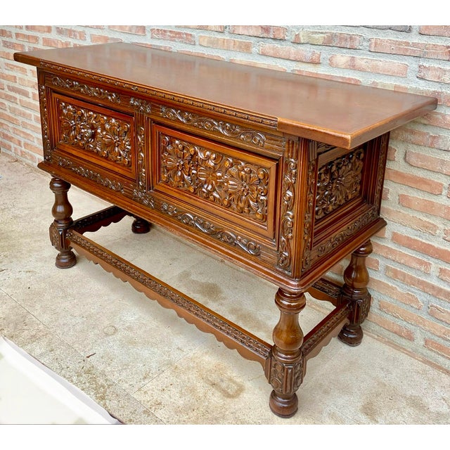 Baroque Spanish Carved Wood Sideboard With Floral Decoration, Mid-20th Century For Sale - Image 3 of 18