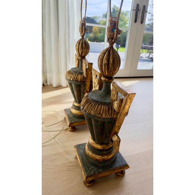 1980s Vintage Hand-Carved Italian Parcel-Gilt Neoclassical Greek Key Urn Lamps With Original Parchment Shades - Pair For Sale - Image 5 of 11