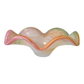Vintage Late 20th Century Colorful Ruffled Glass Bowl, Murano Style, Made in Italy For Sale