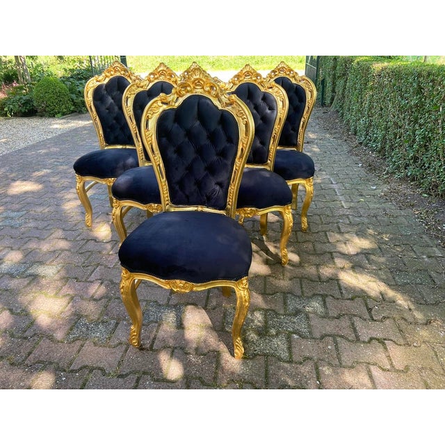1980 Italian Baroque Gold Beech Black Velvet Dining Set - 7 PCS For Sale - Image 6 of 17